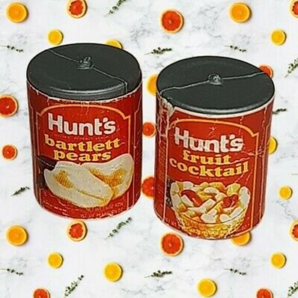 2 Vtg 1980s Arco Hunt's Fruit Cocktail can Miss Merry Supermarket Grocery Store - Picture 1 of 5